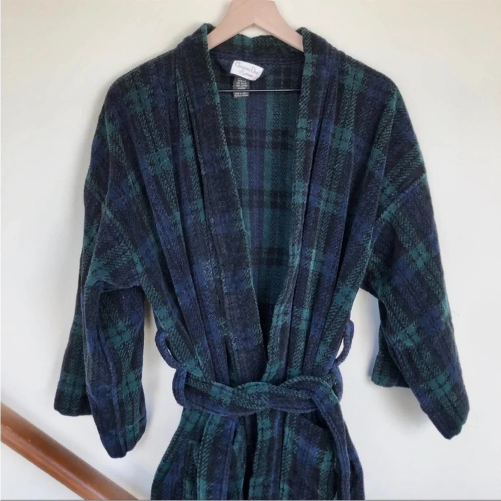 Vintage Christian Dior Pyjama Cotton Robe Plaid Green Blue One Size Terry Robe - Picture 2 of 12